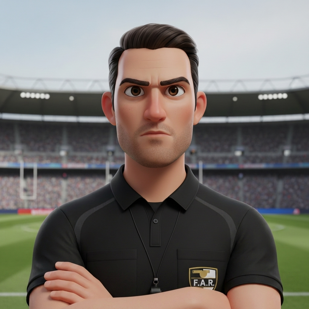 Illustrated male referee mascot in a black kit